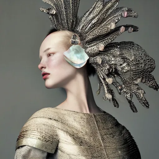 Image similar to medium shot of a woman wearing an armor made of shimmering mother of pearl shells. coherent face. soft. fragile. by ray caesar. by louise dahl - wolfe. by anna claren. surreal photography