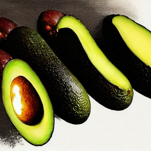 Image similar to four avocados lined up in a row, white background, dramatic lighting, illustration by greg rutkowski, yoji shinkawa, 4 k, digital art, concept art, trending on artstation