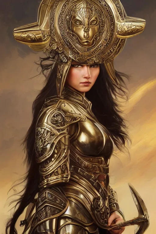 Image similar to attractive young female warrior, ornate metallic helmet, battle armor, olive skin, long dark hair, beautiful bone structure, beautiful face, goddess-like, intricate, elegant, highly detailed, digital painting, artstation, concept art, smooth, sharp focus, illustration, art by artgerm and greg rutkowski and alphonse mucha