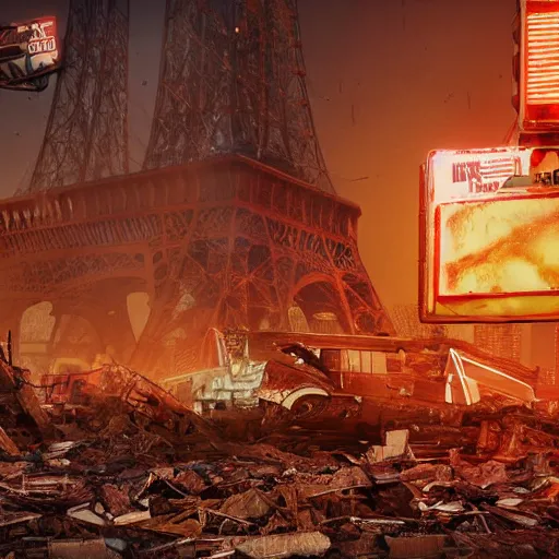 Image similar to A beautiful intricate 8K award-winning ground-level cinematic movie photograph of the future rusting rubble of the fallen and decimated Eiffel Tower, lying in pieces on the ground, surrounded by neon and collapsing corporate video billboard displays. in the year 2050, by Bruno Delbonnel and greg rutkowski. octane render, Arri Alexa 65. Cinematic lighting