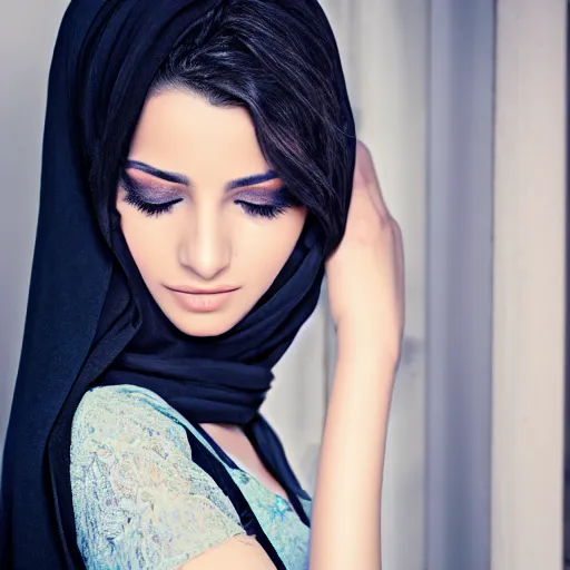 Prompt: photo of arabic women perfect curves, fair skin, blue eyes, long and dark eyelashes, glossy lips, long hair, fit body, good height, good dress sense, 4 k high resolution