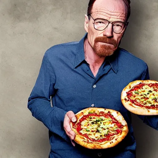 Prompt: bryan cranston as walter white holding a pizza