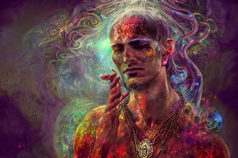 Prompt: meditating psychedelic shaman with trinket necklace, epic angle and pose, symmetrical artwork, ayahuasca, translucent, fungus, energy flows of water and fire, highly detailed, epic cinematic concept art, excellent composition, dystopian brutalist atmosphere, dynamic dramatic lighting, aesthetic, very inspirational, arthouse, Greg Rutkowski, Artgerm