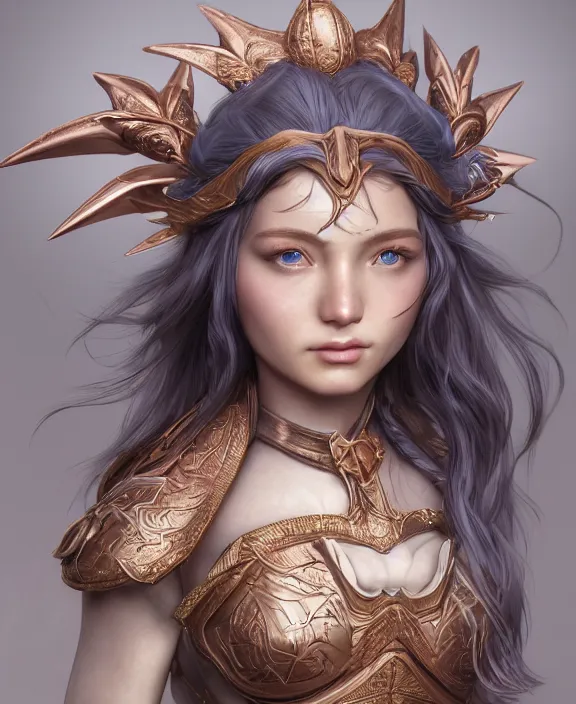 Prompt: a beautiful and highly detailed digital portrait of a dignified elf with long blue windswept hair in a rose gold breastplate by artgerm, and lu ji, centered, artsation contest winner, cgsociety, fantasy art, cryengine, concept art, photorealism, daz 3 d, sketchfab, zbrush, vray