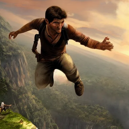 Image similar to young nathan drake jumping off a cliff, highly detailed