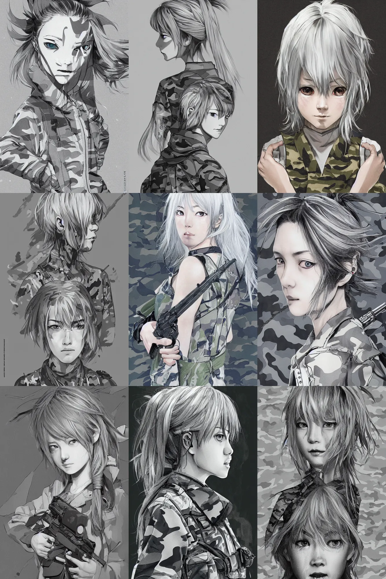 Prompt: silver hair girl, multicam (camo), cinematic portrait, ilustration by Takehiko Inoue