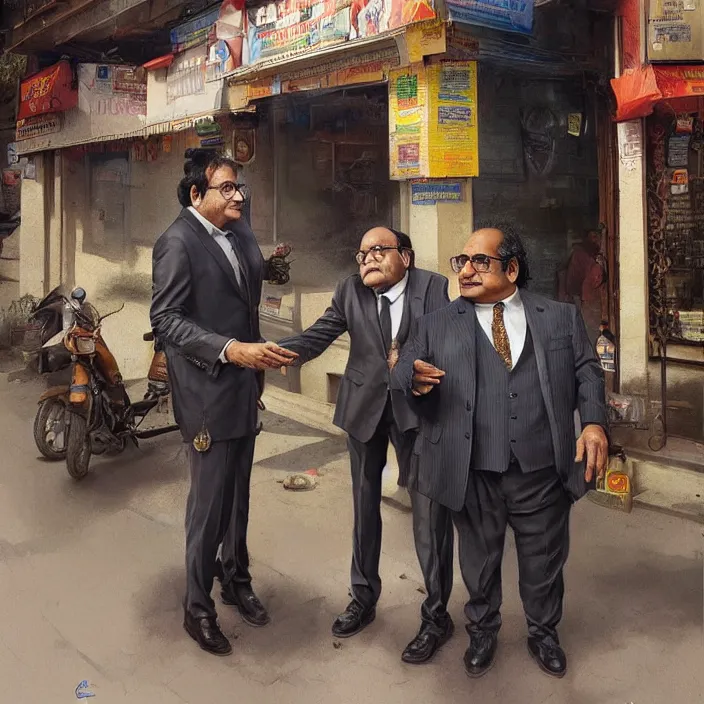 Image similar to a tall indian man in a suit and danny devito outside a bar, elegant, real life skin, intricate artwork, high detailed, artstation, concept art, smooth, sharp focus, art by artgerm and greg rutkowski