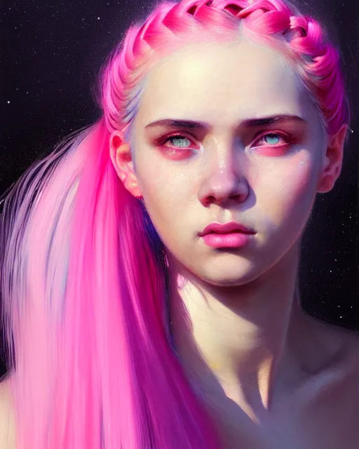 Prompt: young woman with neon pink hair, beautiful girl, close up portrait, moonlight, highkey, braids, realistic, serov, surikov, vasnetsov, repin, kramskoi, paint texture, uplight, insanely detailed, charlie bowater, tom bagshaw, octane rendered, unreal engine, illustration, trending on artstation, masterpiece