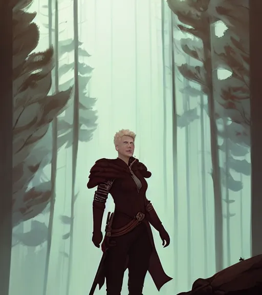 Image similar to portrait of cullen from dragon age standing with beautiful woman near forest by atey ghailan, by greg rutkowski, by greg tocchini, by james gilleard, by joe fenton, by kaethe butcher, dynamic lighting, gradient light blue, brown, blonde cream and white color scheme, grunge aesthetic