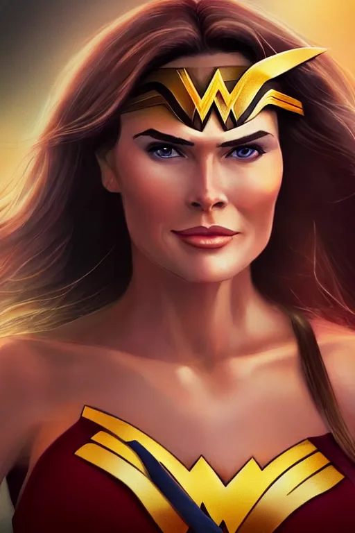 Image similar to portrait of a mix of beautiful young maria shriver, mariel hemmingway, brooke shields and elle macpherson as wonderwoman, thin lips, hair tied up in a pony tail, colorful artstation, cgsociety