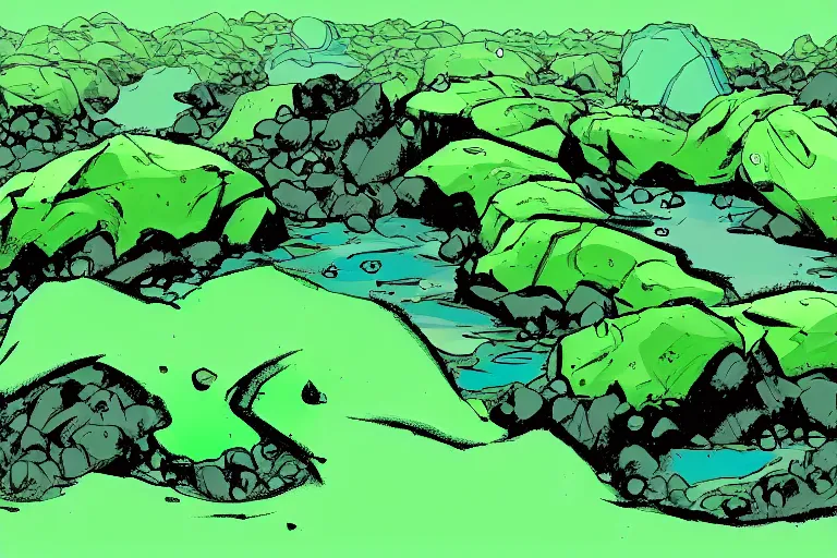 Image similar to glowing green rocks, toxic sludge, like where the hulk would live, landscape, comic book art style, pictures in sequence, storyboarding, speech bubbles, explosions