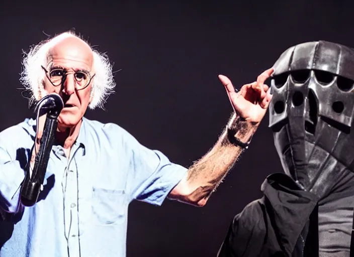 Image similar to publicity photo still of larry david touring with slipknot live on stage, 8 k, live concert lighting, mid shot