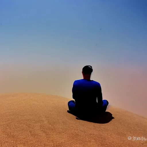 Image similar to man sitting on top peak mountain looking at huge vast sandstorm dust tornado desert