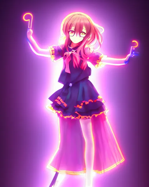 Prompt: anime style, vivid, expressive, full body, 4 k, painting, a cute magical girl idol with a long wavy hair wearing a dress, correct proportions, stunning, realistic light and shadow effects, neon lights, studio ghibly makoto shinkai yuji yamaguchi