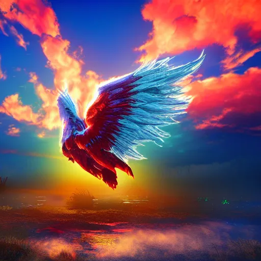 Prompt: phoenix rising from the ashes, dream, sunset, sunset, colorful auspicious clouds, burning clouds, paint, 8 k, unreal engine