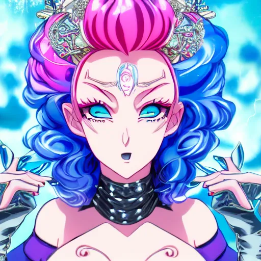 Image similar to stunningly beautiful omnipotent megalomaniacal anime goddess with porcelain skin, pink hair and mesmerizing cyan eyes, symmetrical perfect face smiling in a mischievous, devious and haughty way while looking down upon the viewer, mid view, hyperdetailed, 2 d, 8 k