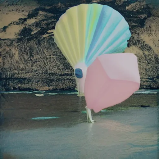 Prompt: a pastel colour Polaroid photo from a holiday album at a seaside abstract inflatable parachute object, all objects made of transparent iridescent Perspex no people, nostalgic