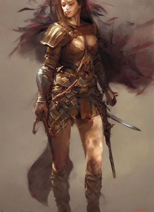 Image similar to hyper realistic painting of medieval beautiful warrior girl, full body, rule of thirds, conceptart, saturated colors, craig mullins jean baptiste monge artstation cgsociety pinterest