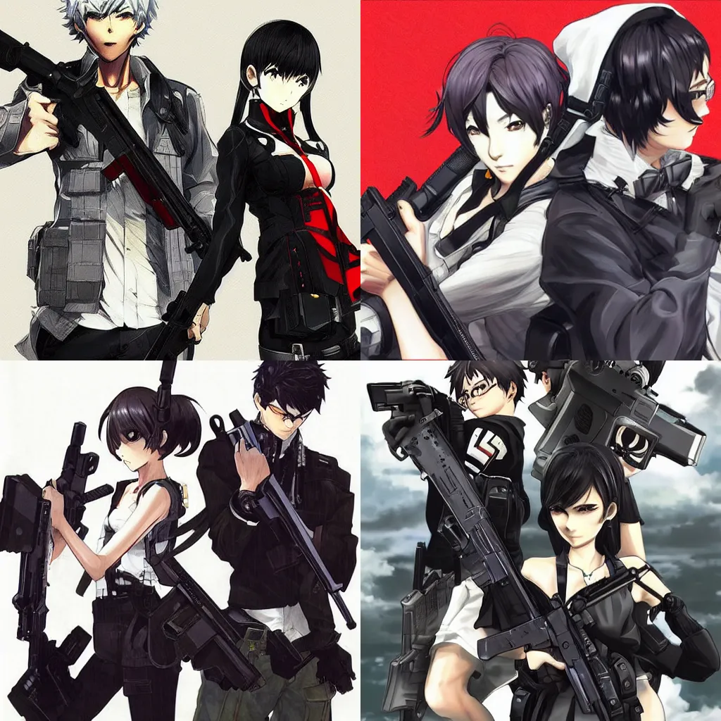 Prompt: an anime couple with guns. drawn by shigenori soejima, concept art