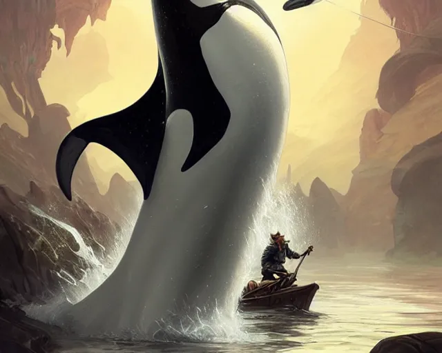 Prompt: old man riding an orca, deep focus, d & d, fantasy, intricate, elegant, highly detailed, digital painting, artstation, concept art, matte, sharp focus, illustration, hearthstone, art by artgerm and greg rutkowski and alphonse mucha