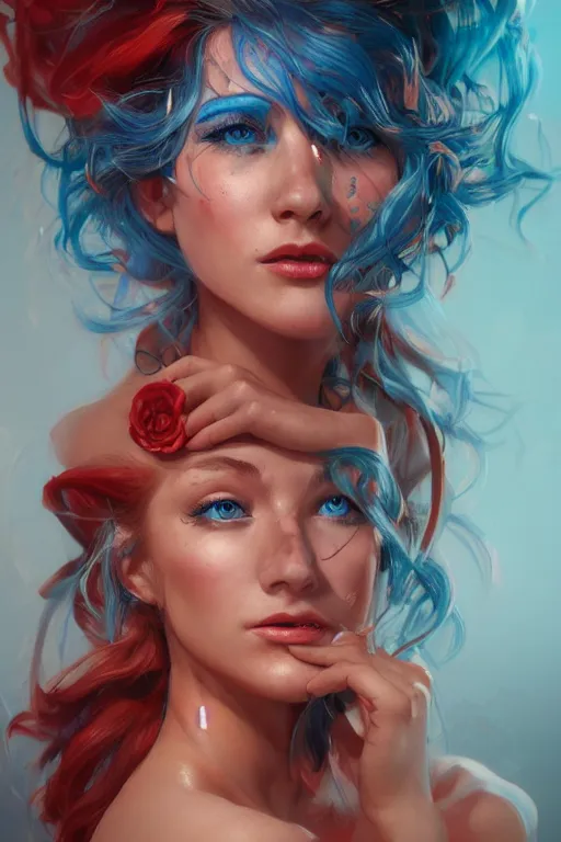 Prompt: an insanely detailed bust up portrait of a beautiful woman facing you, highly detailed features, sparkling blue eyes, long eyelashes, short electric blue hair, beautiful smile, red dress, in the style of peter mohrbacher, artgerm, dramatic lighting and composition, octane render, trending on artstation, concept art 8 k