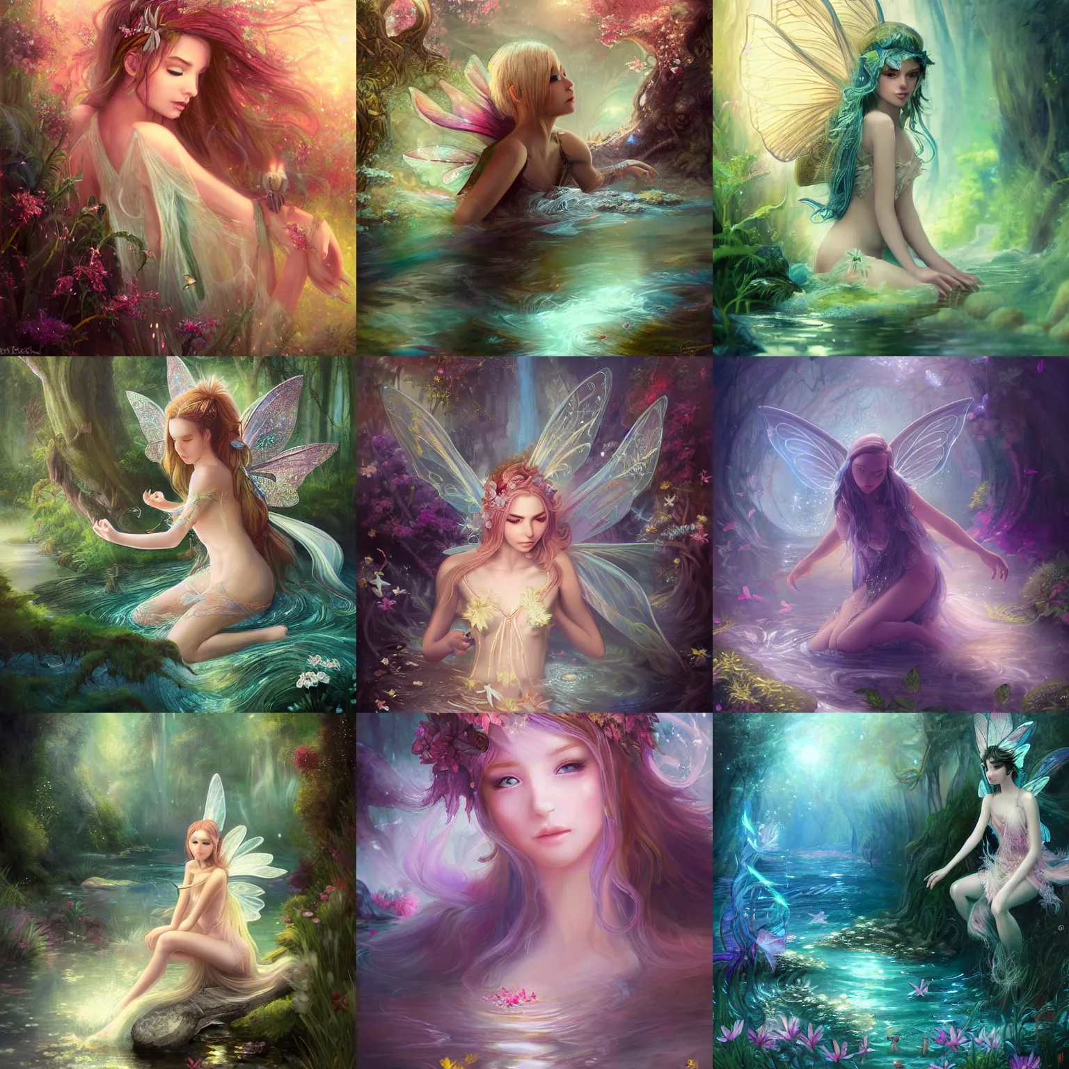 Prompt: a painting of a very beautiful fairy by ross tran, highly detailed, fantasy, radiant lighting, intricate environment, nature, swimming in the stream