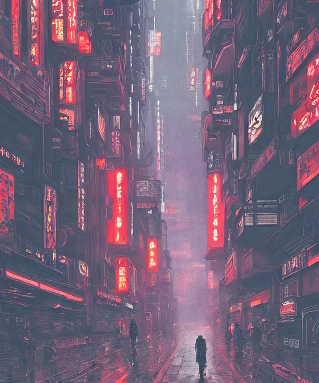 Image similar to insane perspective of street sidevue fromneo tokyo with a big red robot waiting, realistic shaded , humid ground, artstation, art by moebius, disney fantasy style, blade runner rainy mood, people and creatures walking , neon ombrellas, volumetric light, neon lights, science fiction elements, lampposts, rainy mood