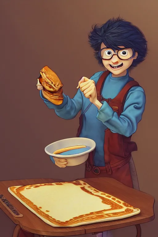 Prompt: mick cave making pancakes, animation pixar style, by pendleton ward, magali villeneuve, artgerm, rob rey and kentaro miura style, golden ratio, trending on art station