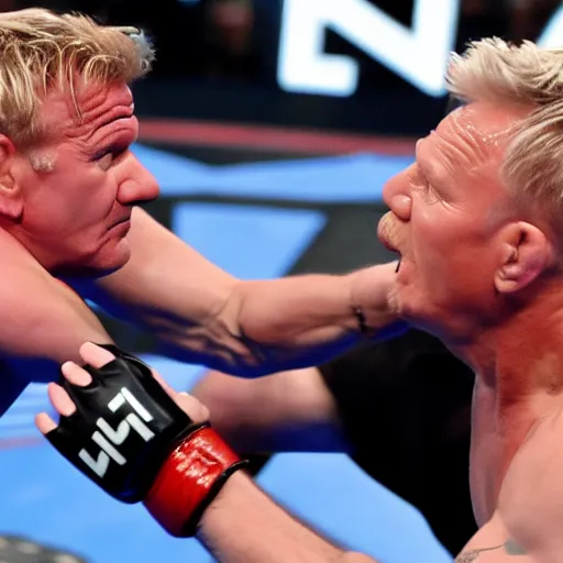 Prompt: action photo of Gordon Ramsay submitting Putin in the UFC title match on ESPN