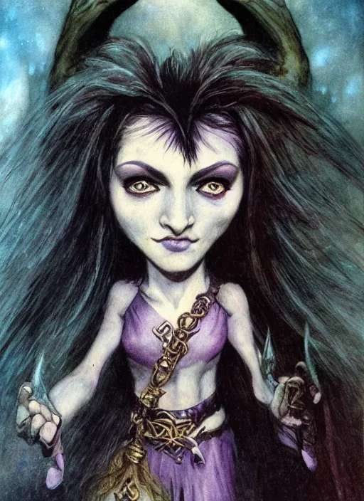 Image similar to portrait of young female sorceress of the endtimes, beautiful! coherent! dungeons and dragons character, by brian froud, strong line, cool night color, high contrast