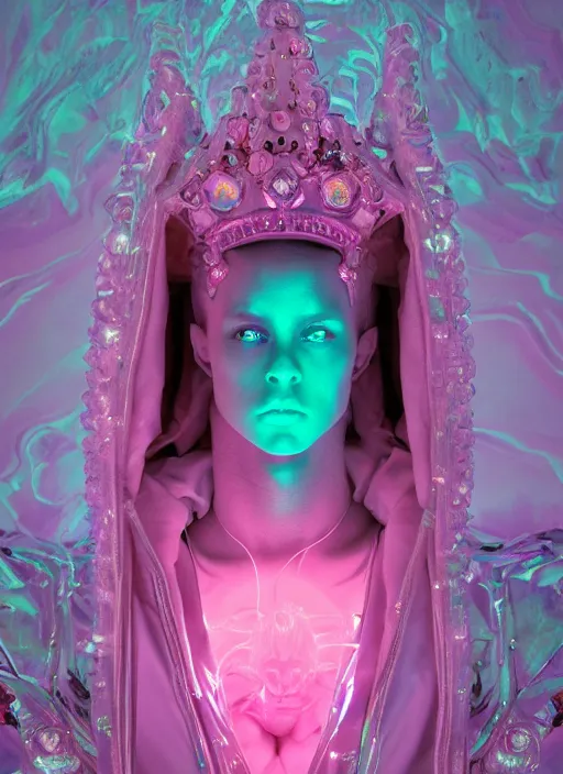Image similar to photo of fullbodied baroque and bladerunner delicate neon diamond sculpture of seductive ceramic albino marble prince andres sanjuan dotado mint iridescent humanoid deity wearing pink plastic fluffy hoody holding diamond skull in a white alien dungeon, reclining, glowing magenta face, crown of white diamonds, cinematic lighting, photorealistic, octane render 8 k depth of field 3 d