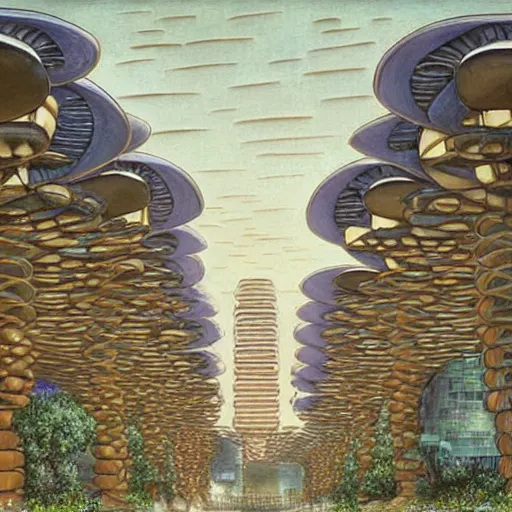 Image similar to scifi advanced mushroom city streets, modern architecture, by marianne north, by michael parkes, concept art