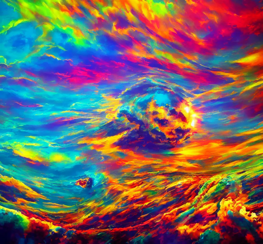 Image similar to nuclear explosion, abstract, trippy, acrilic paint, brush paint, heavenly atmosphere, paint, ultra detailed, beautiful image, resolution, artstation