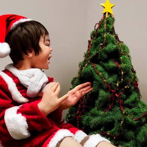 Image similar to a kid at christmas disappointed and crying looking a giant moai statue, his hands buried in his face, sitting down | inside of a house next to a christmas tree, large opened present box next to the moai