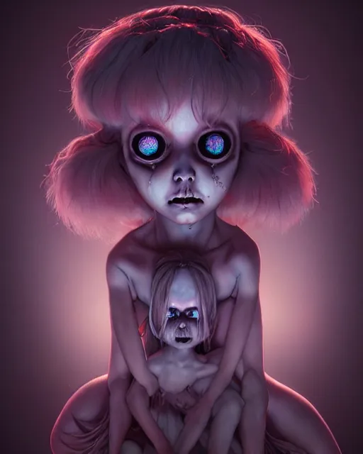 Image similar to one singular portrait of a cute bioluminescent creepy doll from nightmares with glowing eyes, highly detailed, digital painting, cinematic, hyper realism, dark retrowave, art by stanley lau and artgerm and magali villeneuve and alphonse mucha, artstation, octane render, cgsociety