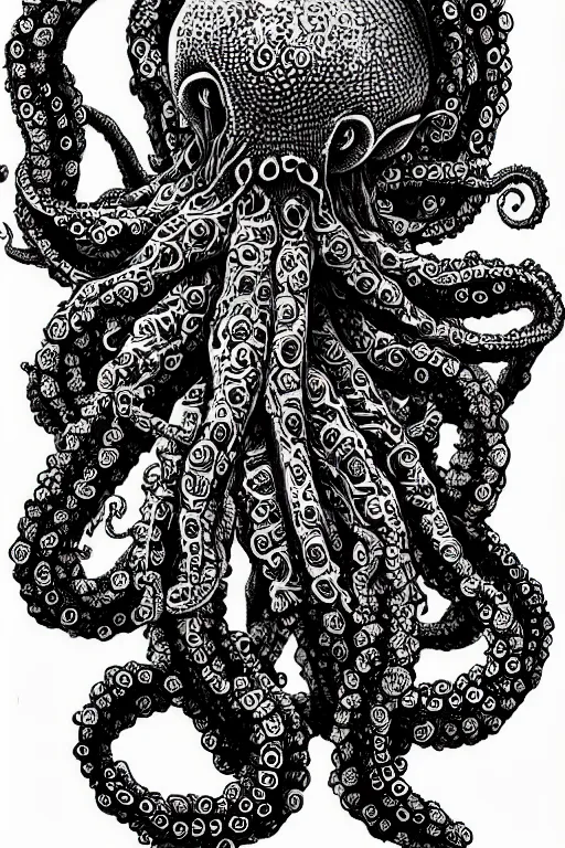 Image similar to black ink on paper, alien octopus, trending on artstation, beautiful, intricate, detailed