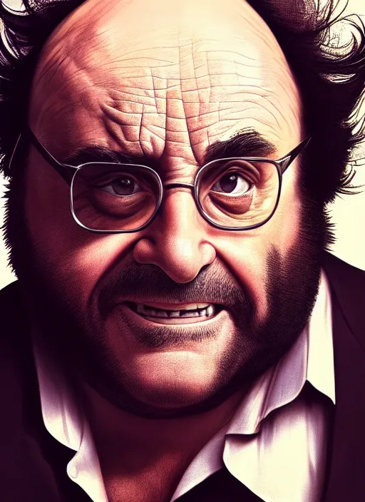 Image similar to photograph of danny devito as wolverine, realistic portrait, symmetrical, smooth, sharp focus, cinematic lighting, art by artgerm and greg rutkowski and alphonse mucha