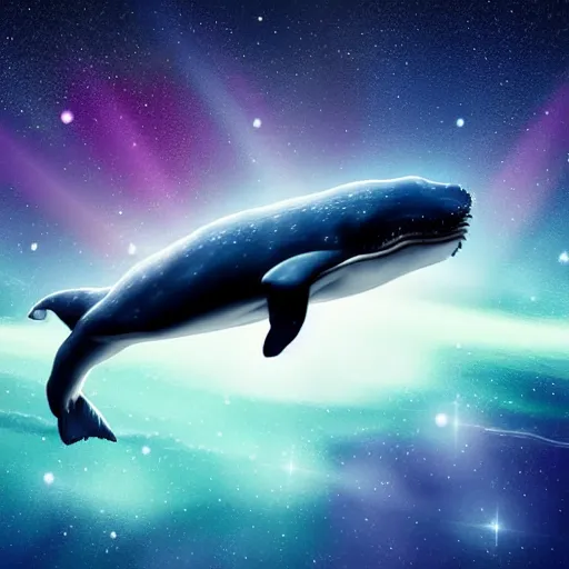 Image similar to portrait of space whale swimming on a dark night sky in space, flying across the universe, oniric, dreamy, beautiful, highly detailed, realistic, cinematic, dynamic composition