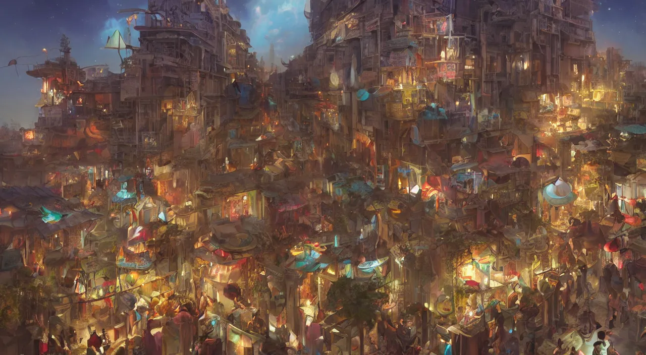 Image similar to bazaar zouk oriantal place mosquet multicolorful sky shine matte painting, street art, trending on artstation, by huang guangjian and gil elvgren and sachin teng