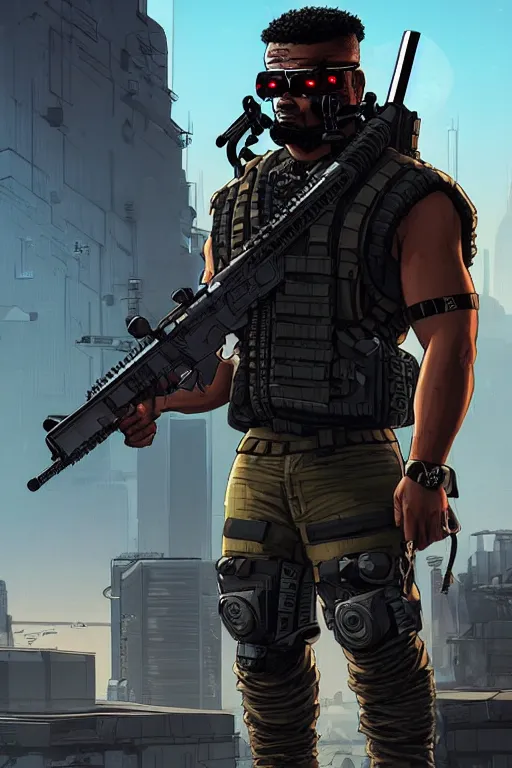 Image similar to Dangerous Tojo. buff Samoan cyberpunk mercenary wearing a cyberpunk tactical headset and military vest. AR-15. square face. Realistic Proportions. Concept art by James Gurney and Laurie Greasley. Moody Industrial skyline. ArtstationHQ. Creative character design for cyberpunk 2077.