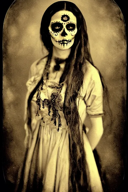 Image similar to tintype 1 8 9 0's virgin mary dia de muertos dress and make up, horrific beautiful vibe, evocative, atmospheric lighting, painted, intricate, highly detailed, leesha hannigan, wayne haag, reyna rochin, ignacio fernandez rios, mark ryden, iris van herpen, stunning, gorgeous, sharp focus, cinematic, masterpiece