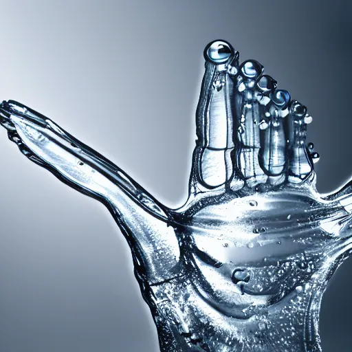 Prompt: water in the shape of a transparent hand, that is a hand made of water, 4k, photorealistic, rendered