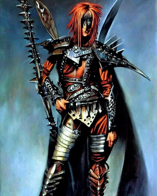 Image similar to portrait of an androgynous skinny punk goth warrior wearing armor by simon bisley, john blance, frank frazetta, fantasy