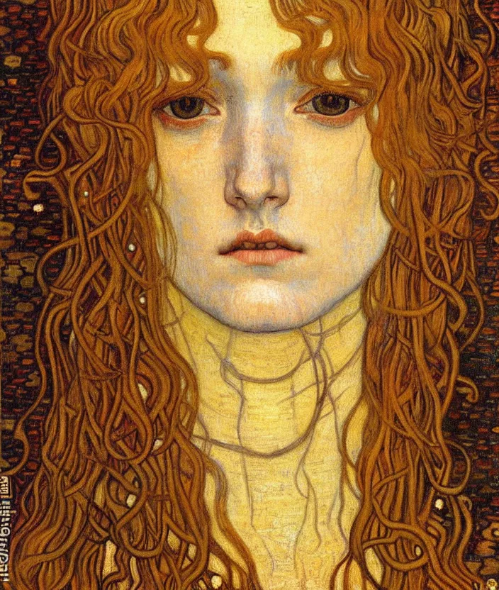 Image similar to detailed realistic beautiful young medieval queen face portrait by jean delville, gustav klimt and vincent van gogh, art nouveau, symbolist, visionary, gothic, pre - raphaelite, muted earthy colors, desaturated