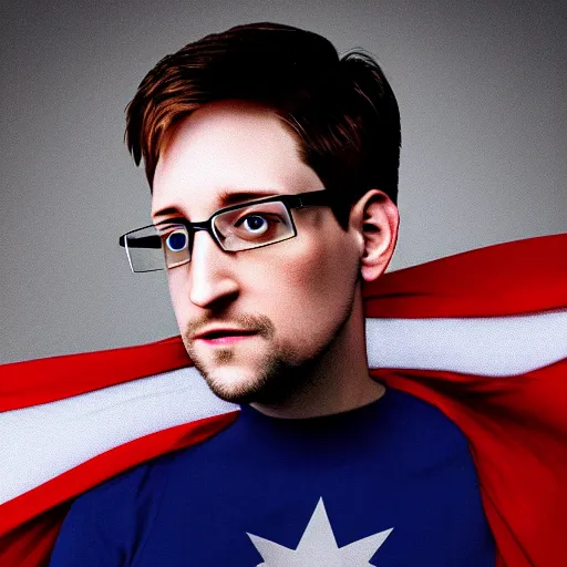 Prompt: UHD candid photo of Edward Snowden dressed as a superhero, wearing red white and blue, accurate face, UHD, photorealistic, correct face, photo by Annie Leibowitz