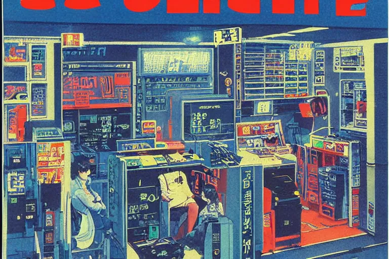 Image similar to 1979 Popular science Magazine Cover of an electronics stall in neo-Tokyo in cyberpunk style by Vincent Di Fate