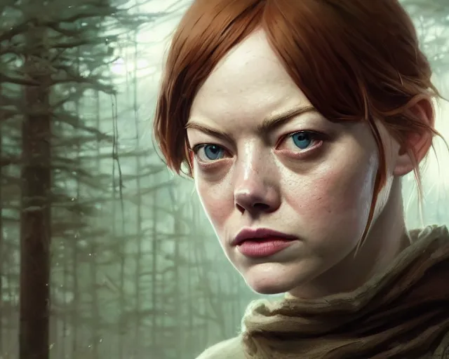 Image similar to highly detailed portrait of emma stone, in the walking dead, stephen bliss, unreal engine, fantasy art by greg rutkowski, loish, rhads, ferdinand knab, makoto shinkai and lois van baarle, ilya kuvshinov, rossdraws, tom bagshaw, global illumination, radiant light, detailed and intricate environment