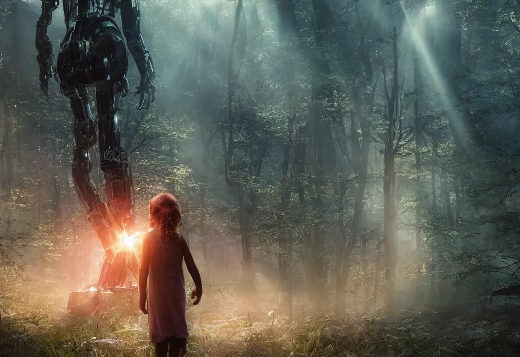 Image similar to sci - fi scene future new york, little girl holding a hand of a big robot, forest punk, crepuscular rays, epic scene, hyper realistic, photo realistic, overgrowth, cinematic atmosphere, ethereal lighting