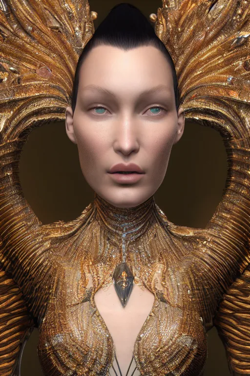 Image similar to a highly detailed metahuman 4 k render close up of an alien goddess bella hadid in iris van herpen dress schiaparelli in diamonds swarovski and jewelry in style of alphonse mucha trending on artstation made in unreal engine 4