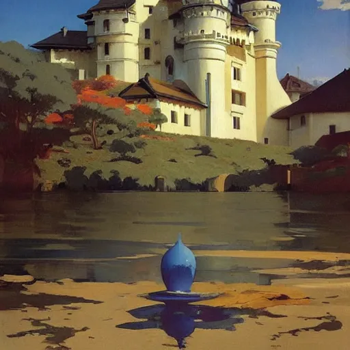 Image similar to castle on sea, moon, DARK SCHEME, by studio ghibli painting,by Joaquin Sorolla rhads Leyendecker, by Ohara Koson and Thomas, cloud.